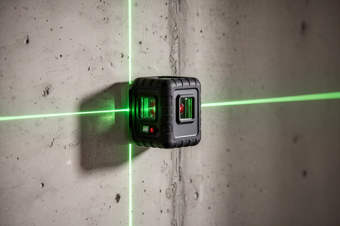 Compact 3-plane laser level projecting green horizontal and vertical lines on a workshop wall