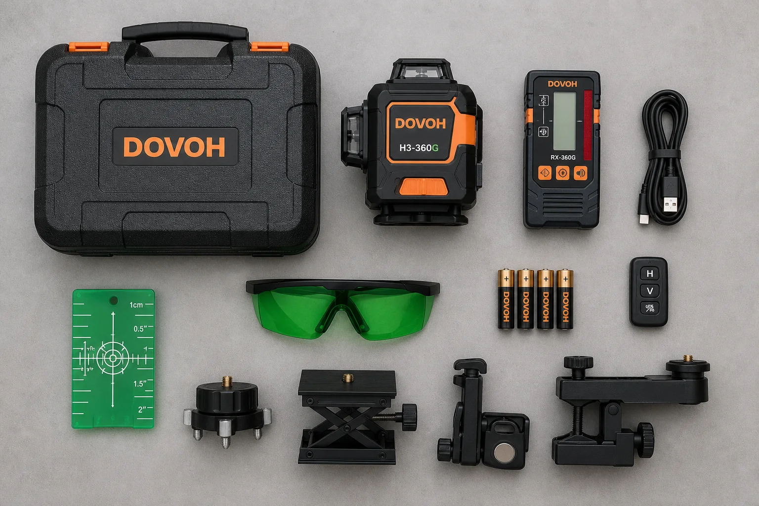 DOVOH laser level kit contents laid out including receiver, batteries, cables, and accessories