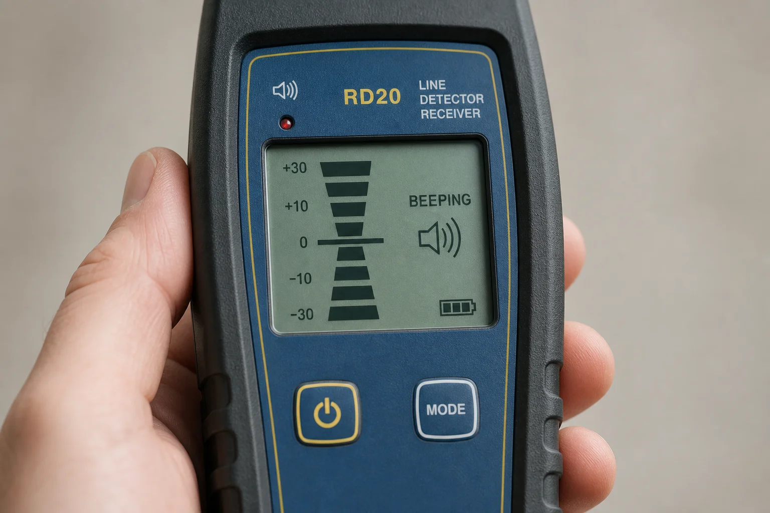 Close-up of laser level receiver device showing display screen and indicator arrows