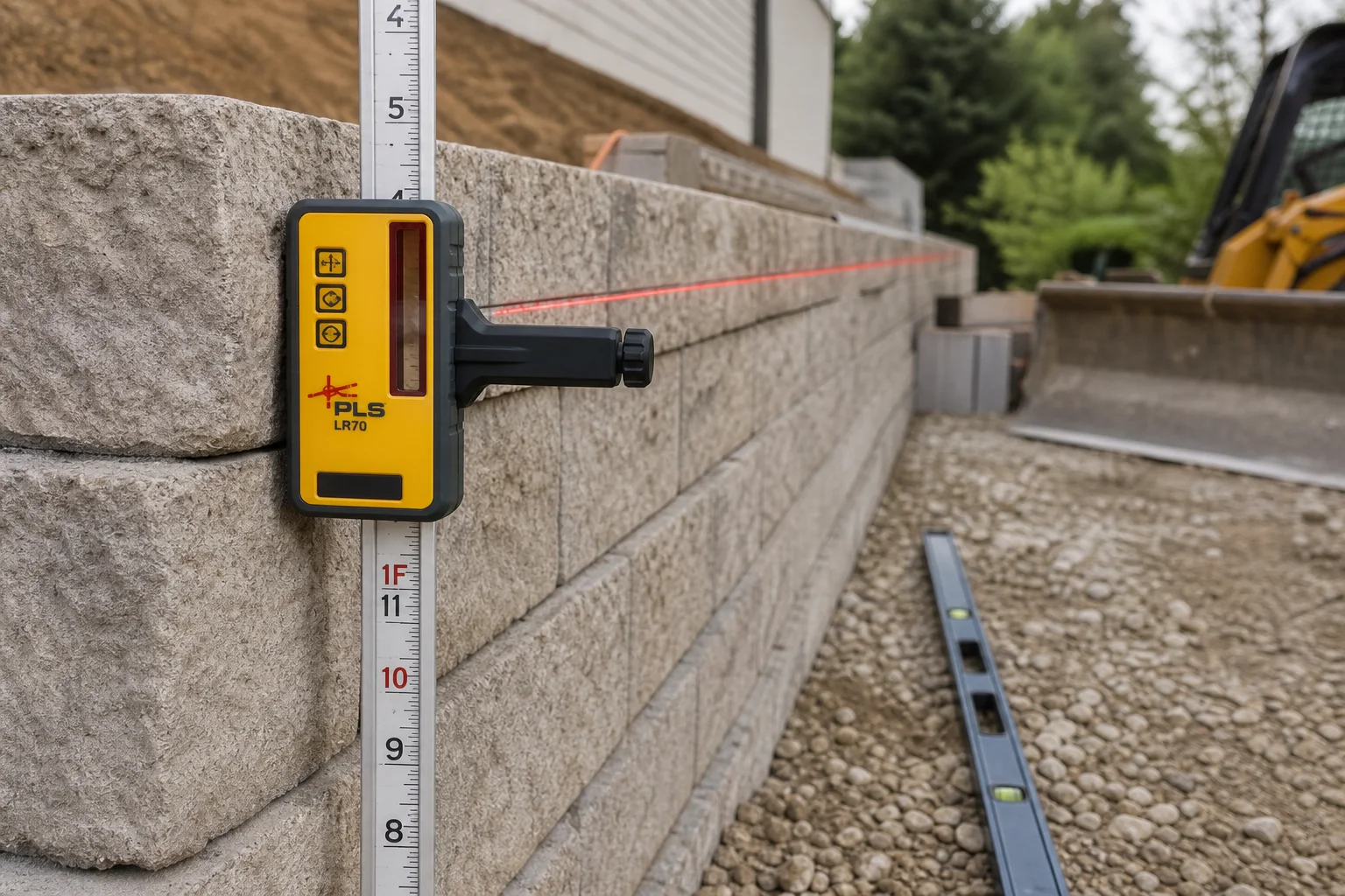 Worker using laser level receiver to check level on retaining wall construction project