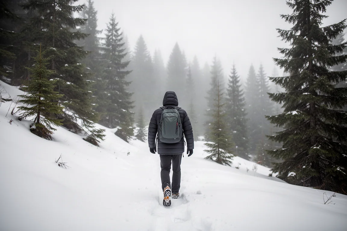 Hiker in a down jacket walking a snowy mountain trail in soft morning light