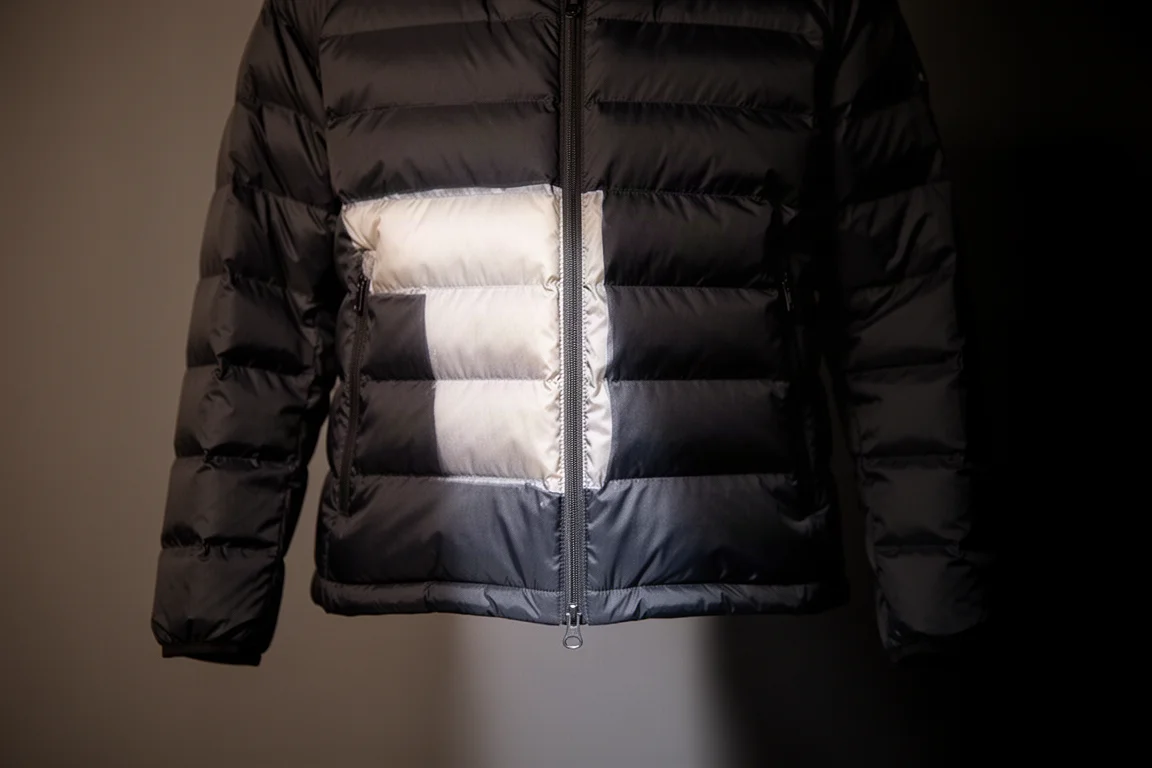 Torch beam shining through a thin jacket shell revealing thin insulation at the seams