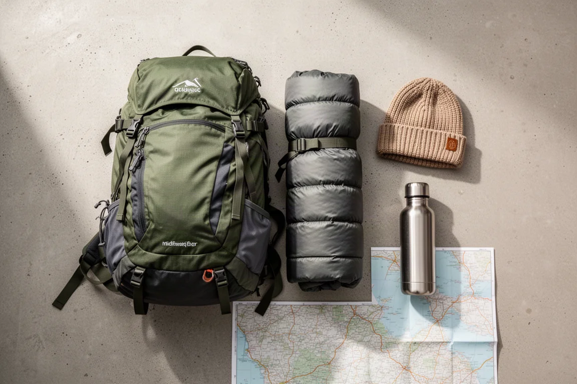 Overhead flat-lay of a hiking backpack, rolled down jacket, beanie and water bottle