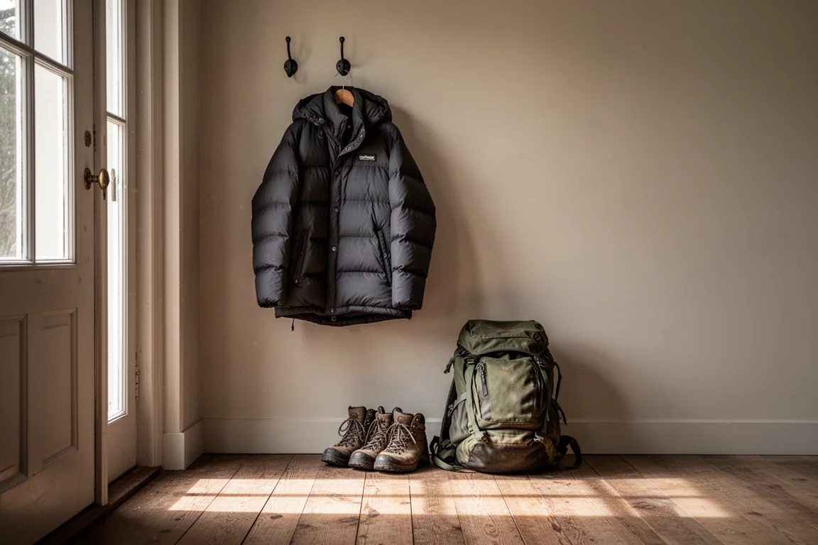 Down jacket hanging on a hook beside hiking boots and a daypack by a doorway