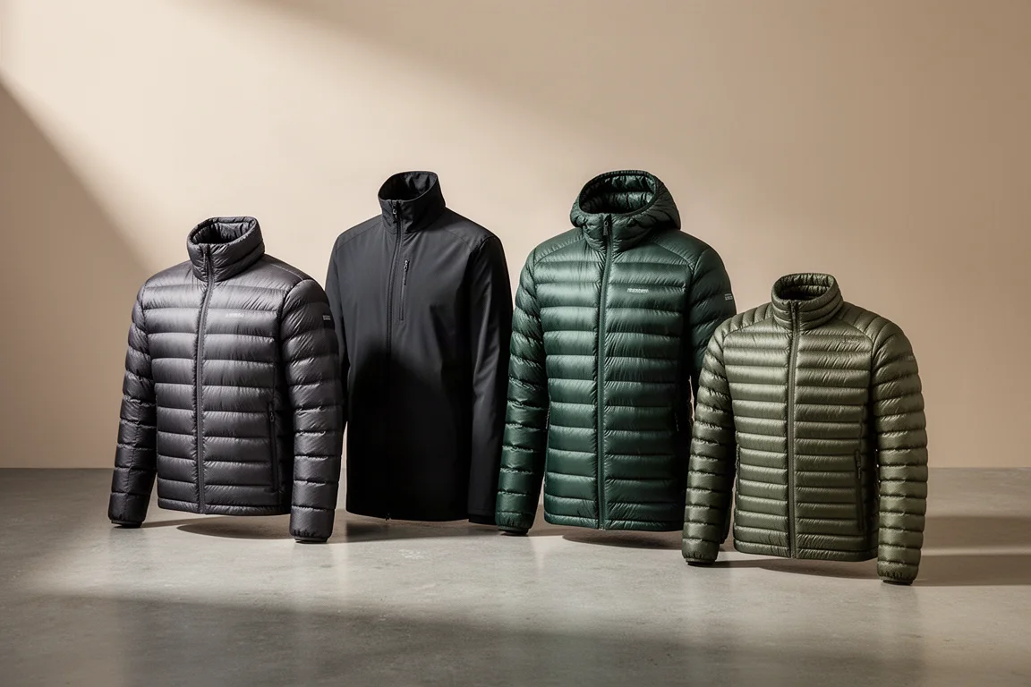 Quattro piumini ultraleggeri disposti in fila su una superficie di cemento