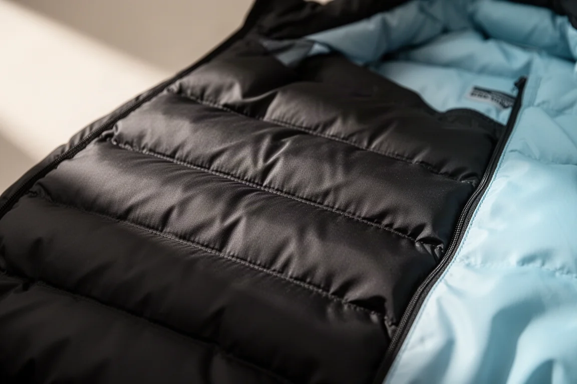 Primer plano de capas de aislamiento sintético acolchado dentro de una chaqueta de nailon ligero