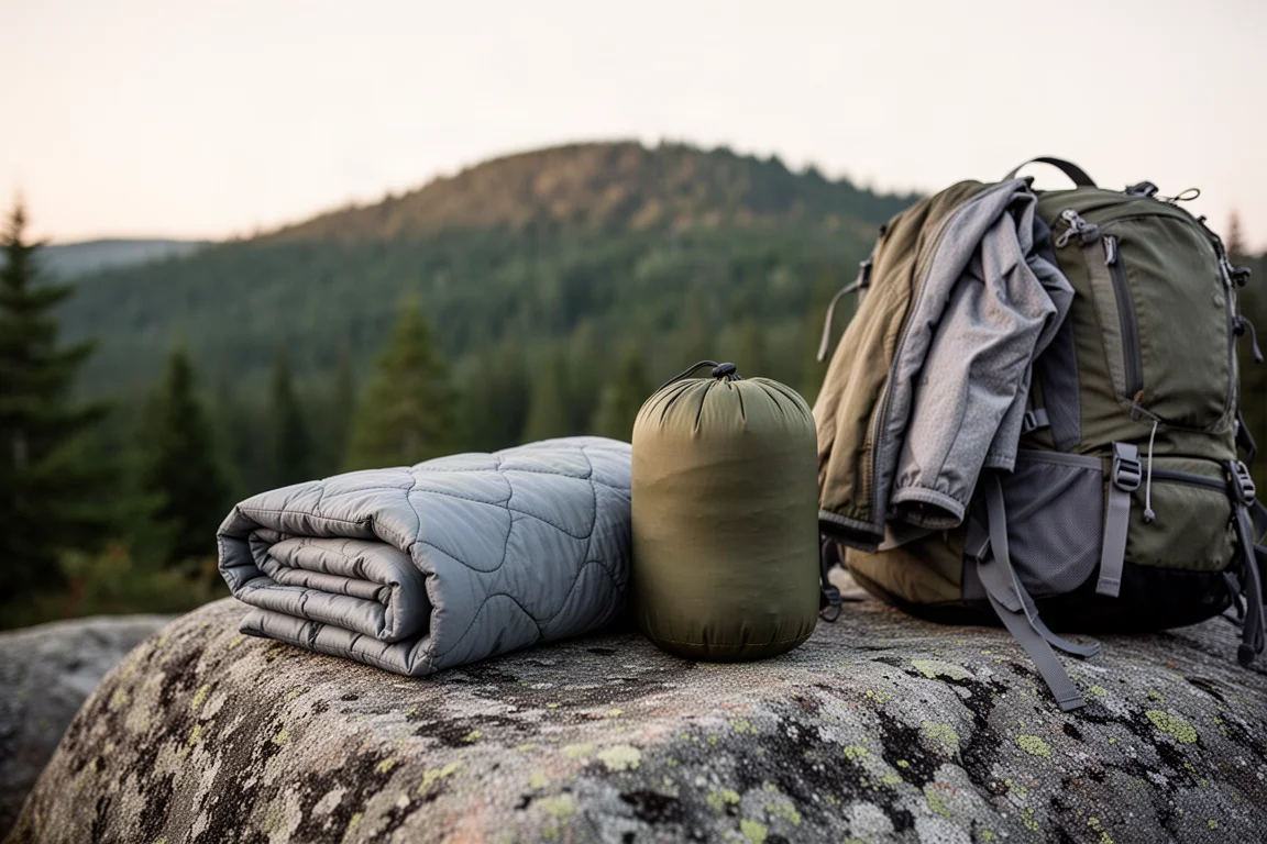 Dos bolsas de transporte de equipo sobre granito junto a una mochila de senderismo en un inicio de sendero