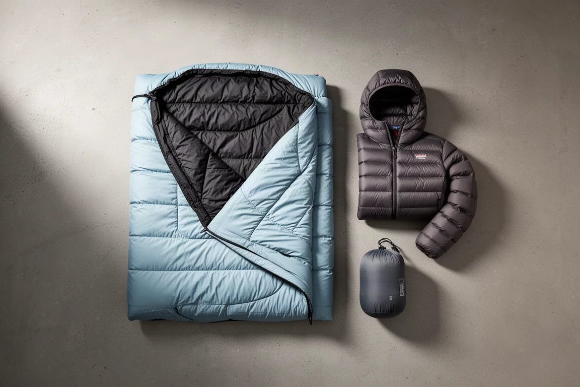 Ultralight backpacking quilt, synthetic puffy jacket, and stuff sack arranged on a concrete surface