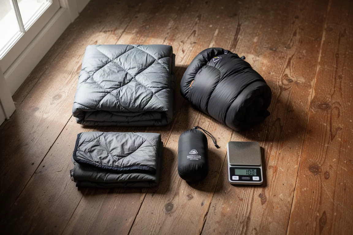 Flat lay of a folded quilt, rolled jacket, stuff sack, and small scale on a wooden floor