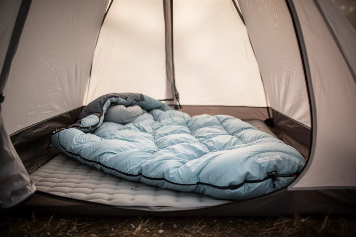 Lightweight backpacking quilt spread inside a small tent on a sleeping pad