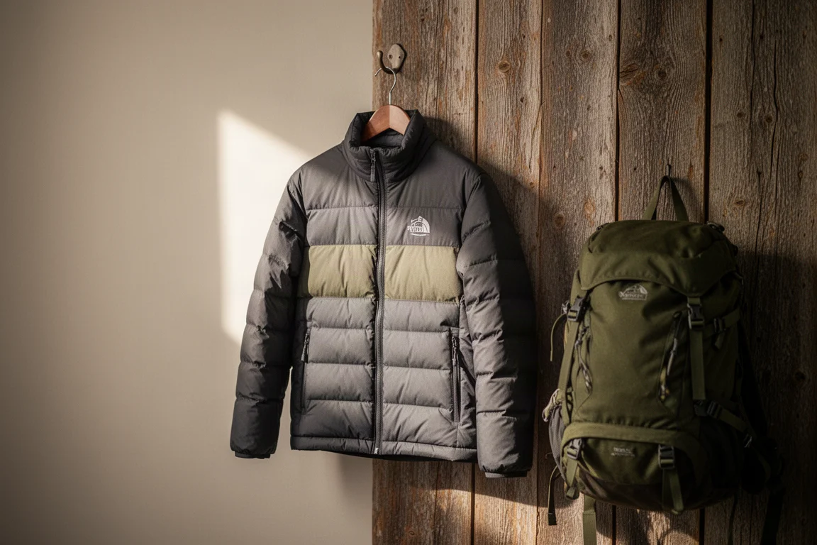 Compact insulated jacket hanging on a wooden wall beside a hiking backpack