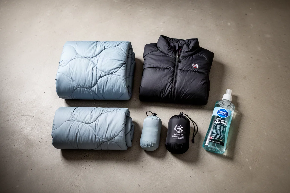 Backpacking quilt, jacket, stuff sack, and gear wash laid out on a concrete floor