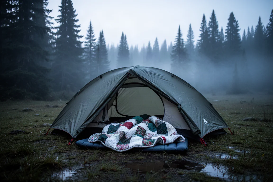 Campamento de montaña al amanecer con un quilt sobre una esterilla y niebla entre las coníferas