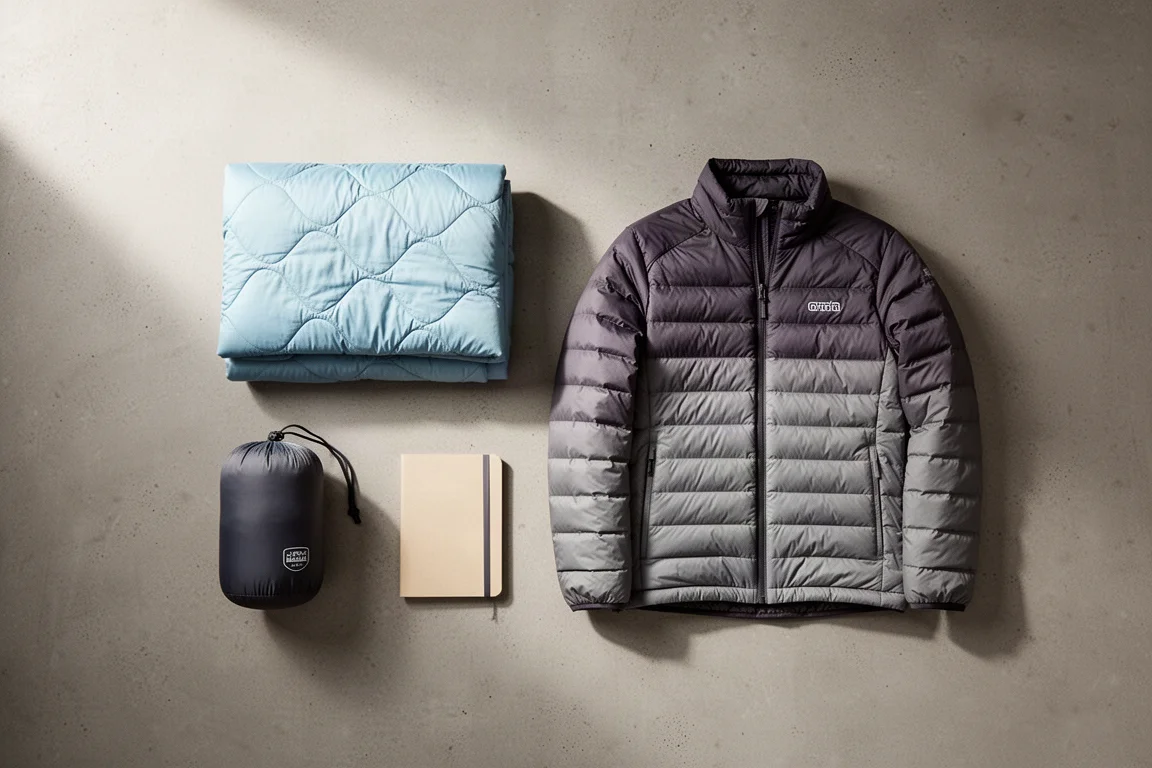 Vista cenital de un quilt sintético, bolsa de compresión, cuaderno y chaqueta aislante sobre hormigón