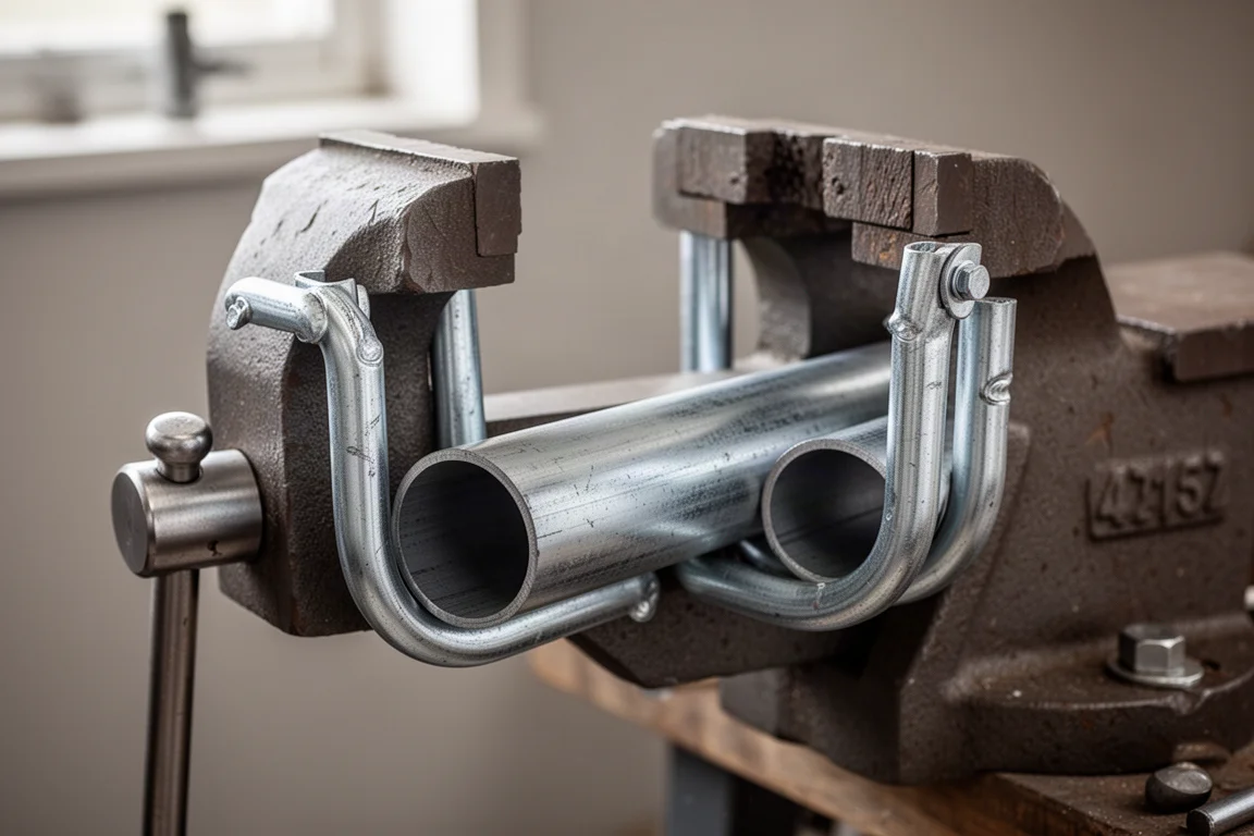 Nahaufnahme der Rohrhalterungen eines Vise, die ein Stück Metallrohr halten