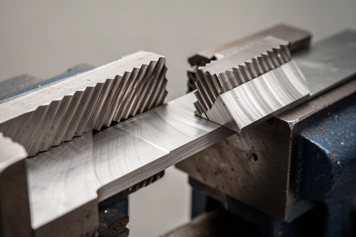 Schwere Stahlbacken eines Vise, die fest auf ein Metallwerkstück geklemmt sind