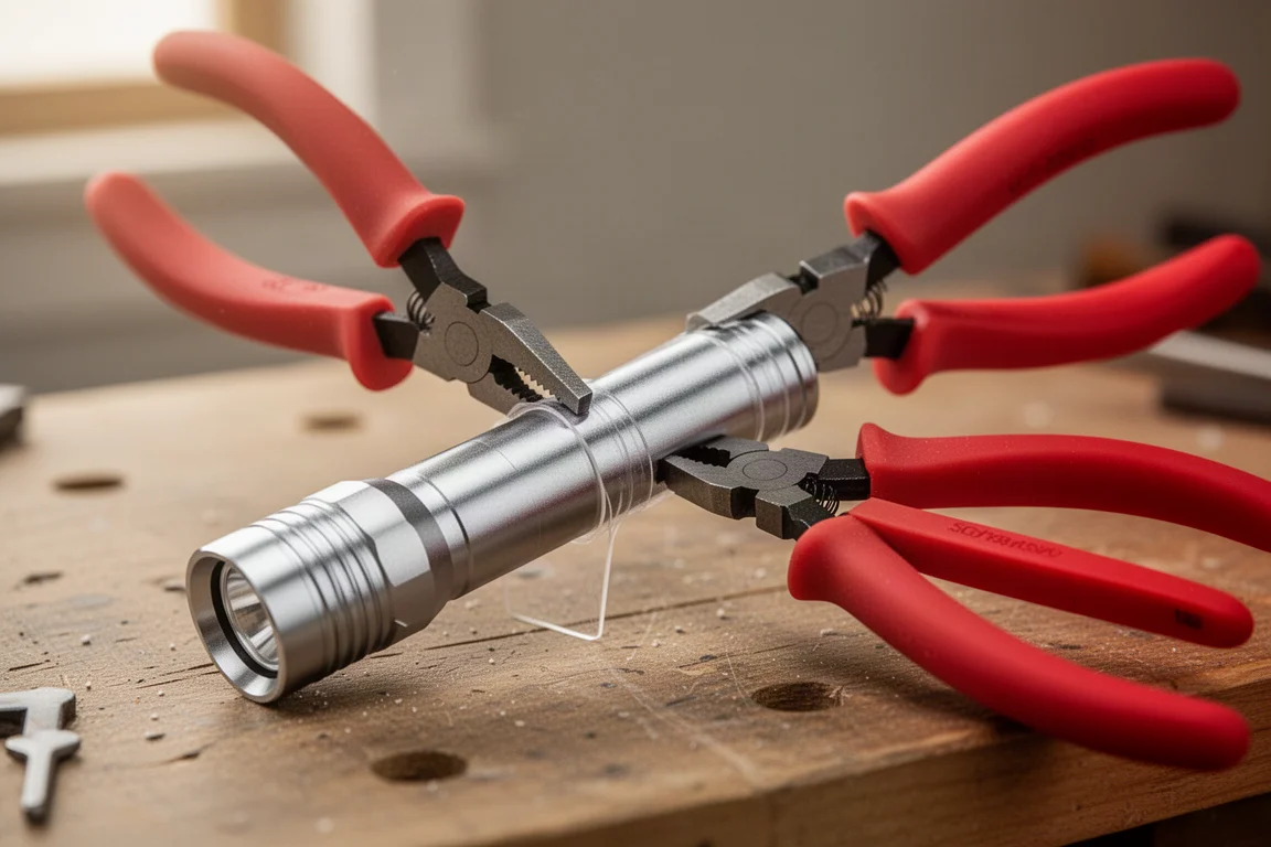 Soft Grip Zange greift sanft einen eloxierten Aluminium-Taschenlampenkörper, zum Schutz umwickelt