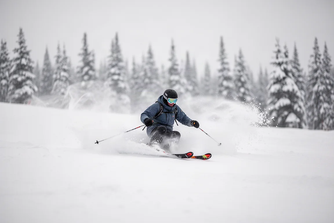 Sciatore a metà curva nella neve fresca profonda con un ventaglio di spruzzi di neve