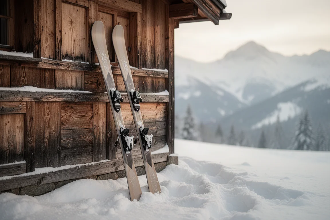 Coppia di sci larghi da neve fresca appoggiati a una parete di legno di un rifugio coperto di neve
