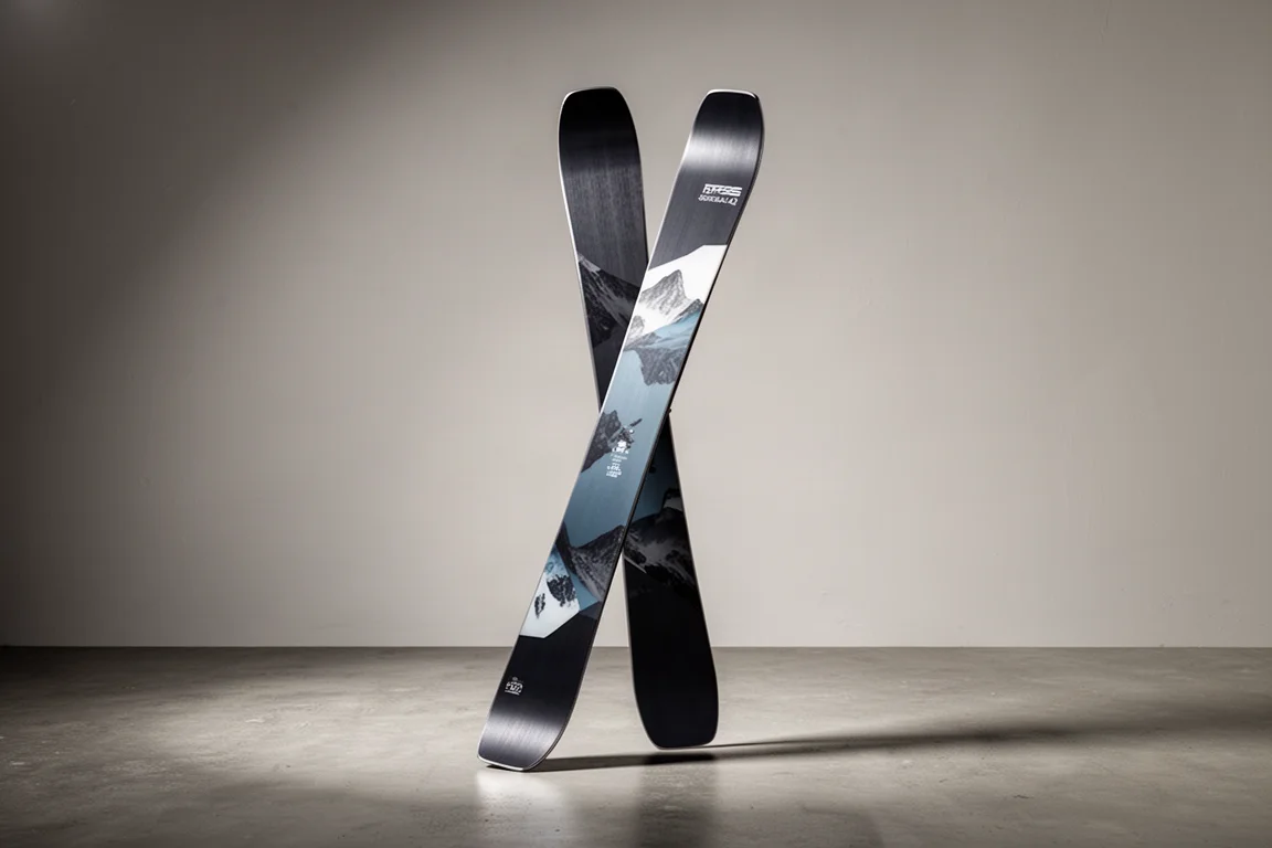Pair of wide powder skis standing upright on a matte concrete surface