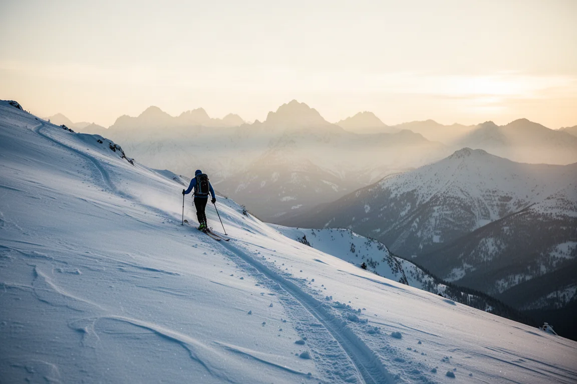 Backcountry skier skinning up a snow-covered ridge at sunrise with distant peaks