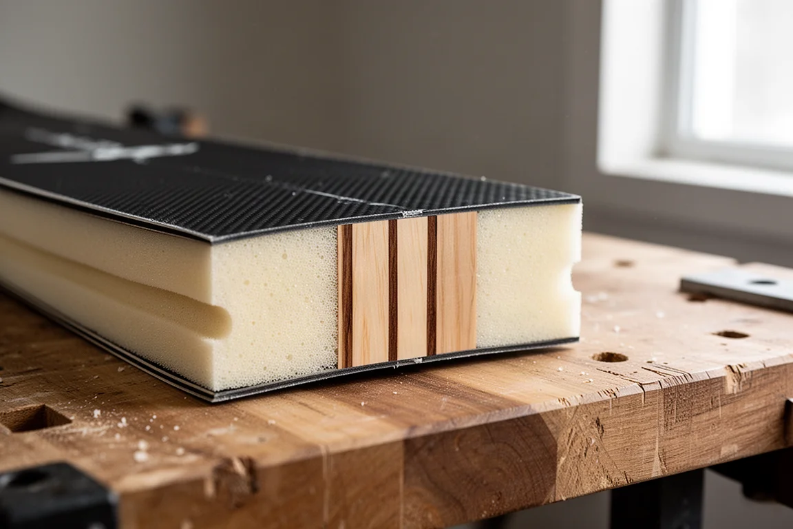 Cross-section of a ski core showing wood stringers, foam layer, and carbon sheets