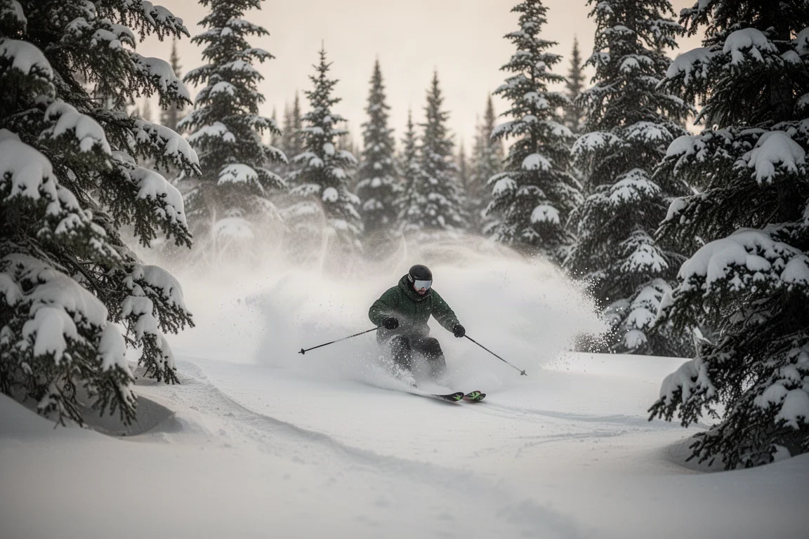 Skier making smooth turns through light powder between snow-covered trees