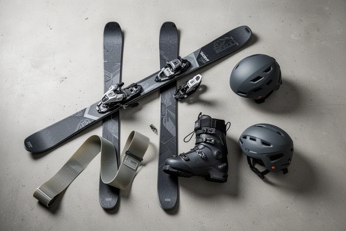 Flat-lay of touring ski gear arranged on a concrete surface