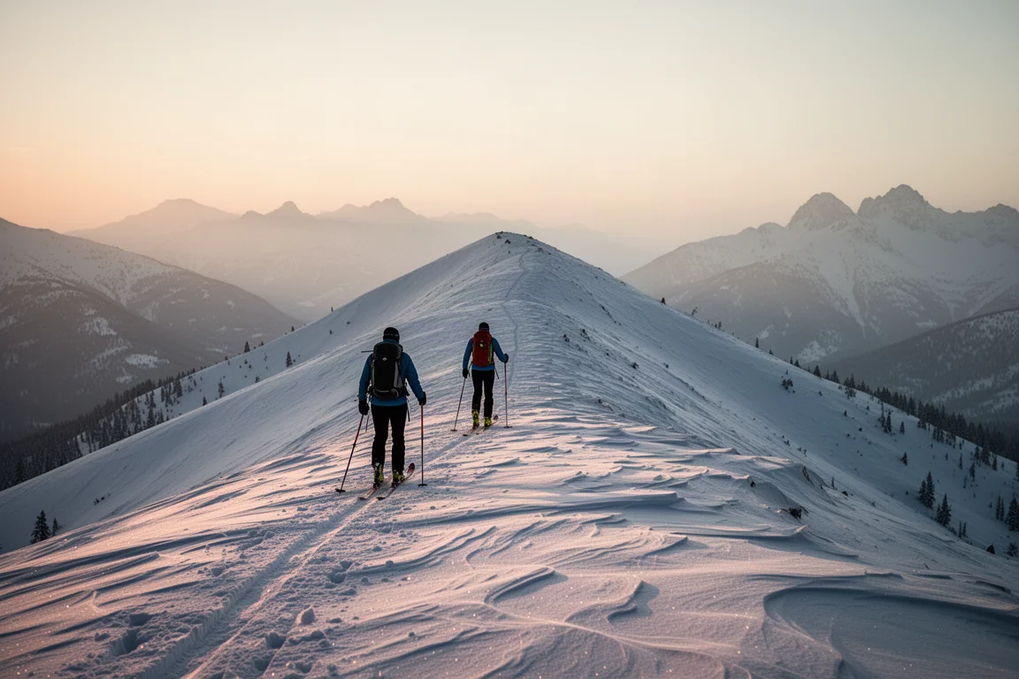Dos esquiadores de travesía subiendo con pieles una cresta nevada al amanecer