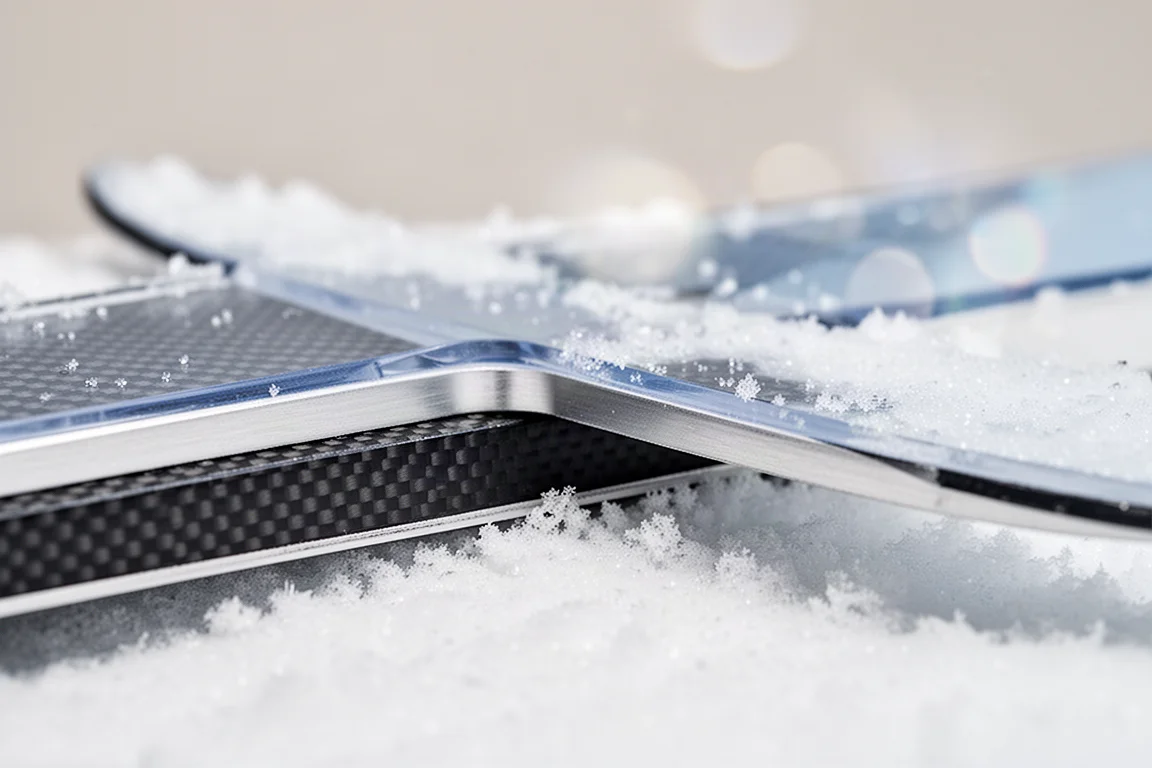 Detalle macro del canto y el lateral de un esquí apoyado sobre nieve fresca