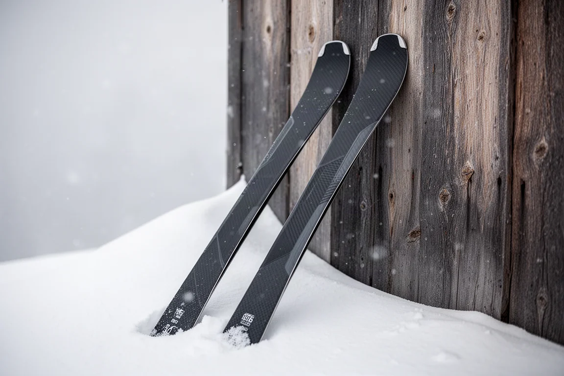 Esquís de travesía ligeros con patín de 106 mm apoyados contra una pared de madera en la nieve