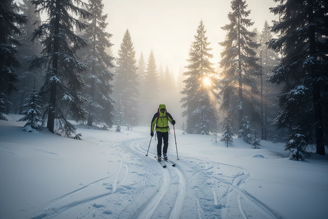 滑雪旅遊者沿著雪跡上攀,穿越清晨霧氣瀰漫的森林