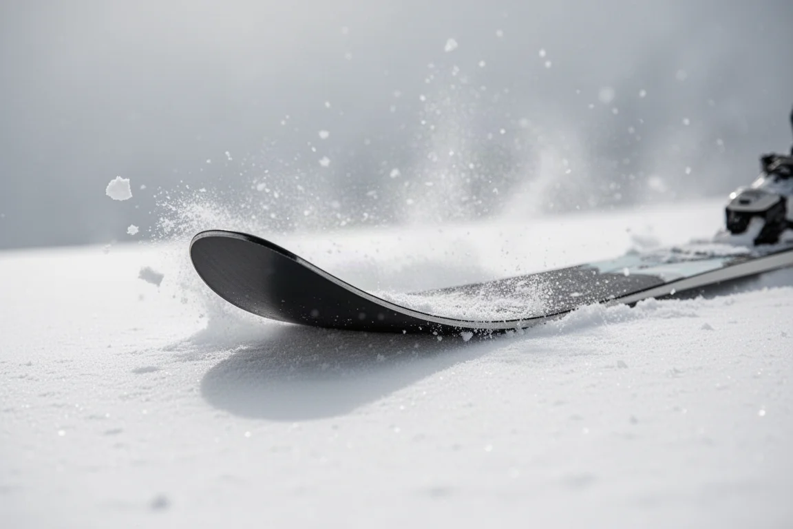 低角度拍攝滑雪板頭,板翹在鬆軟粉雪中受壓張開