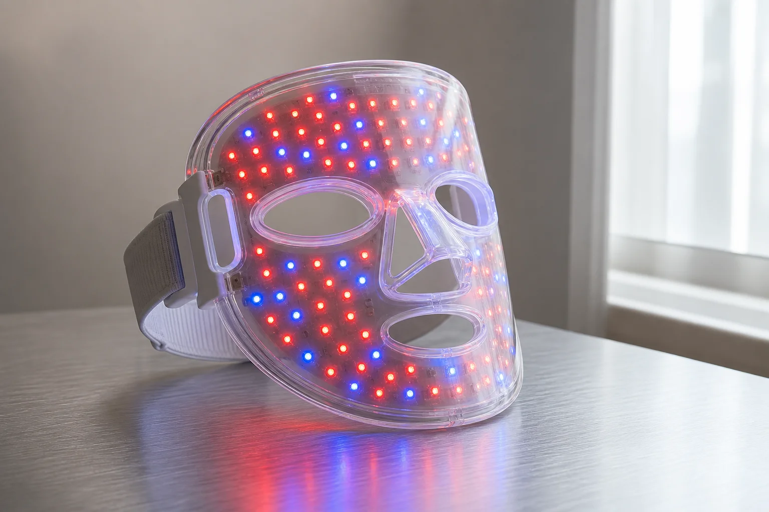 Cinque maschere per terapia facciale a LED disposte ad arco decrescente su una superficie bianca