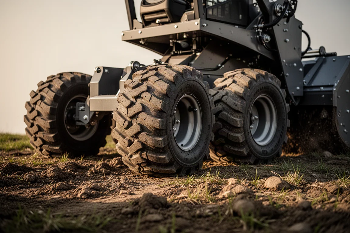 Roues tout terrain d'une machine à conducteur marchant sur un sol accidenté