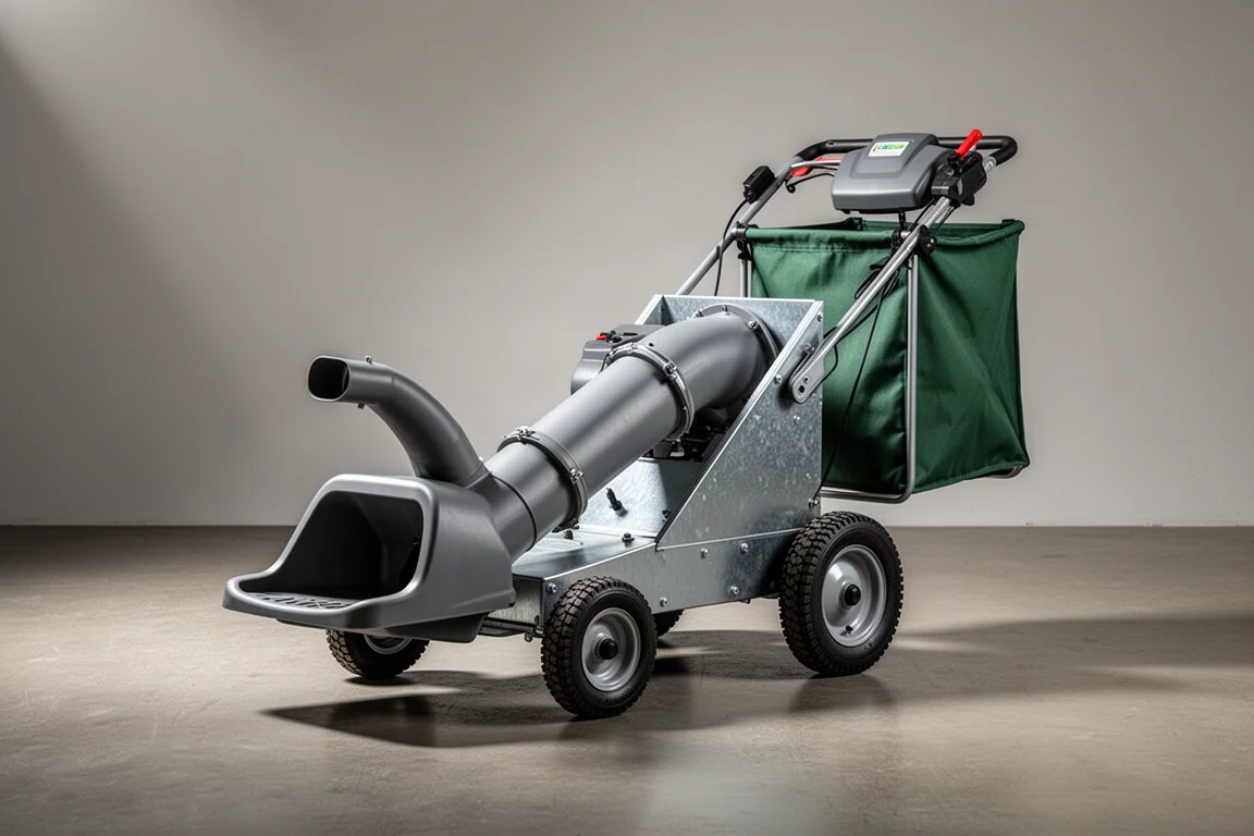 Self-propelled lawn and leaf vacuum with collection bag on concrete surface