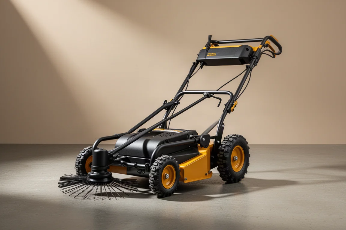 DR Power Pilot XTの車輪付きトリマーモアを斜め四分の三角度から撮影した写真