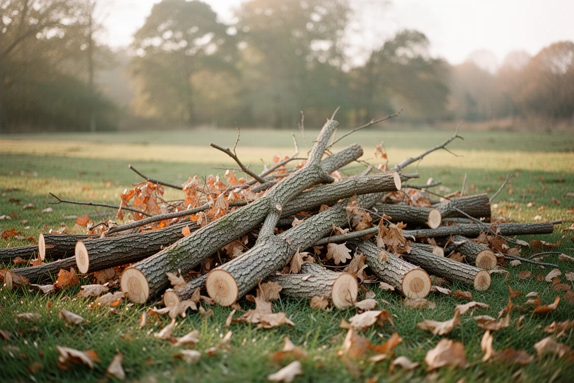 Pile of fallen branches and yard debris on a grassy property in autumn