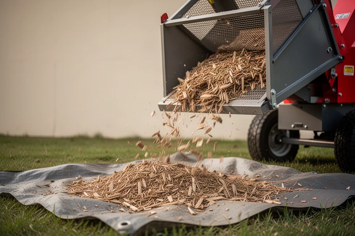 Wood chips spraying from the discharge screen of a chipper shredder