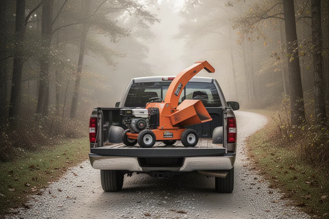 Chipper shredder loaded into the bed of a pickup truck at a rural property