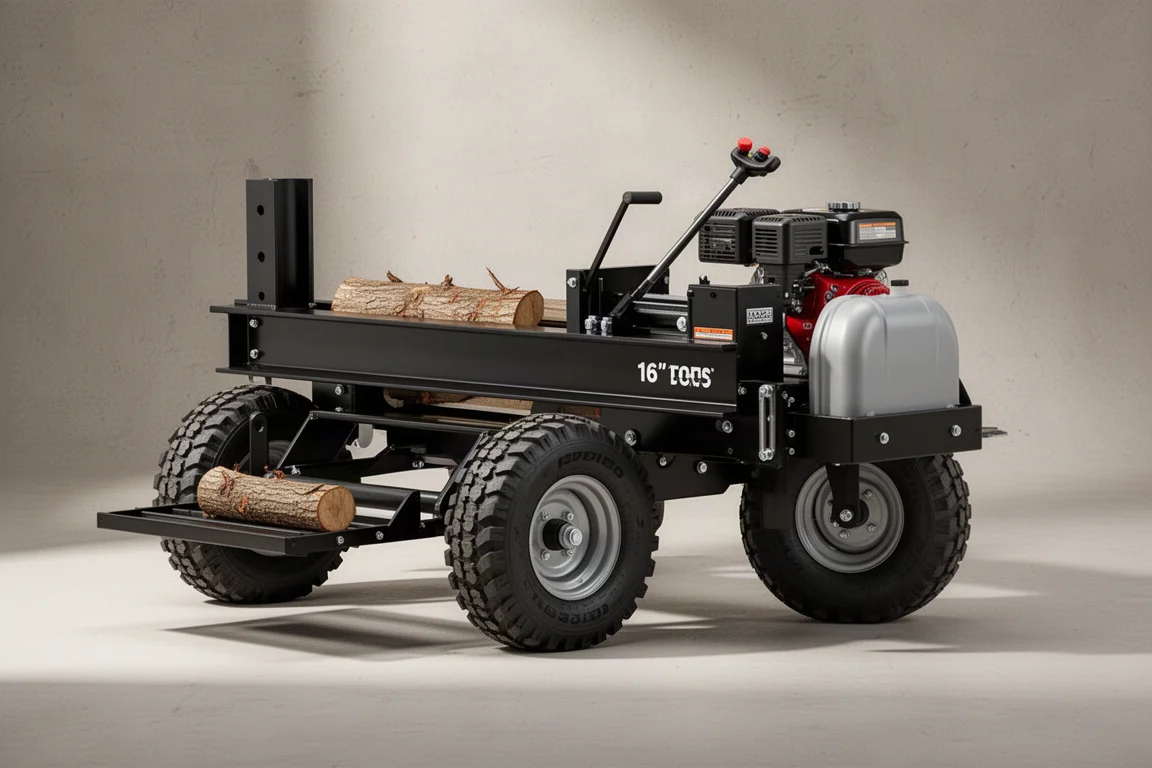 Iビームフレームと大型タイヤを備えたヘビーデューティーなガソリン駆動ログスプリッターがコンクリートの上に置かれている
