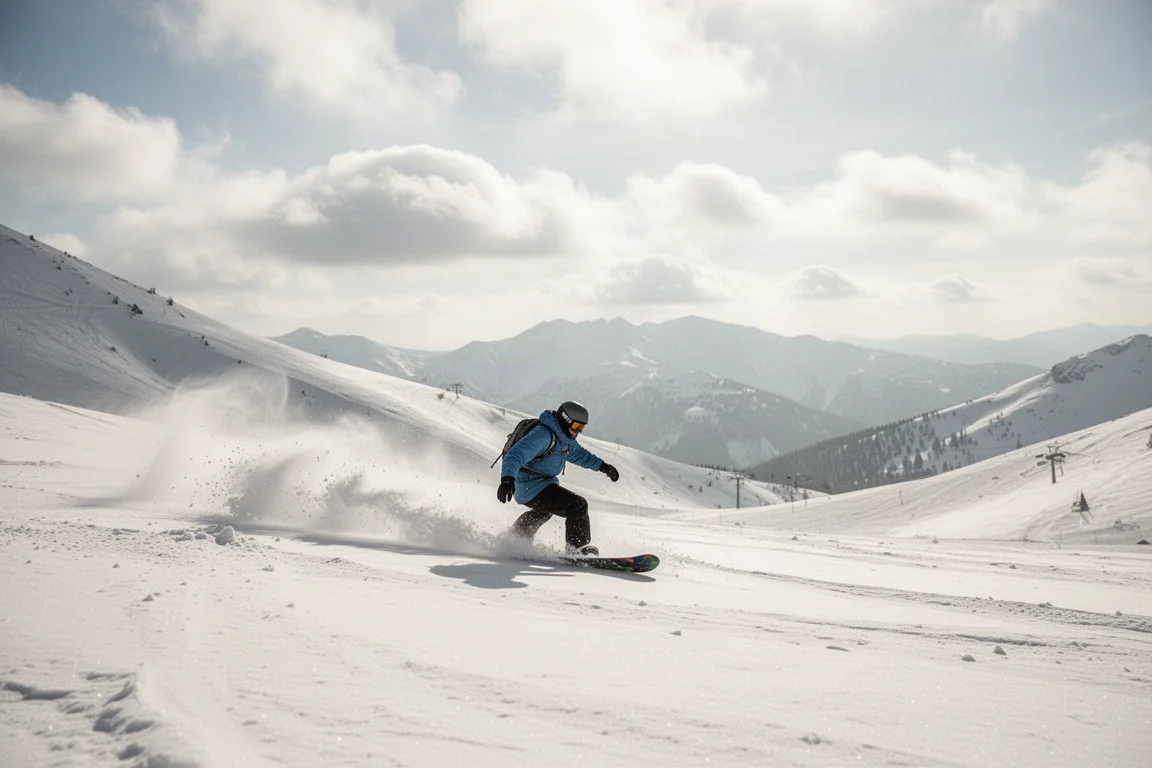 Snowboarder descendiendo por nieve fresca en una ladera luminosa de montaña