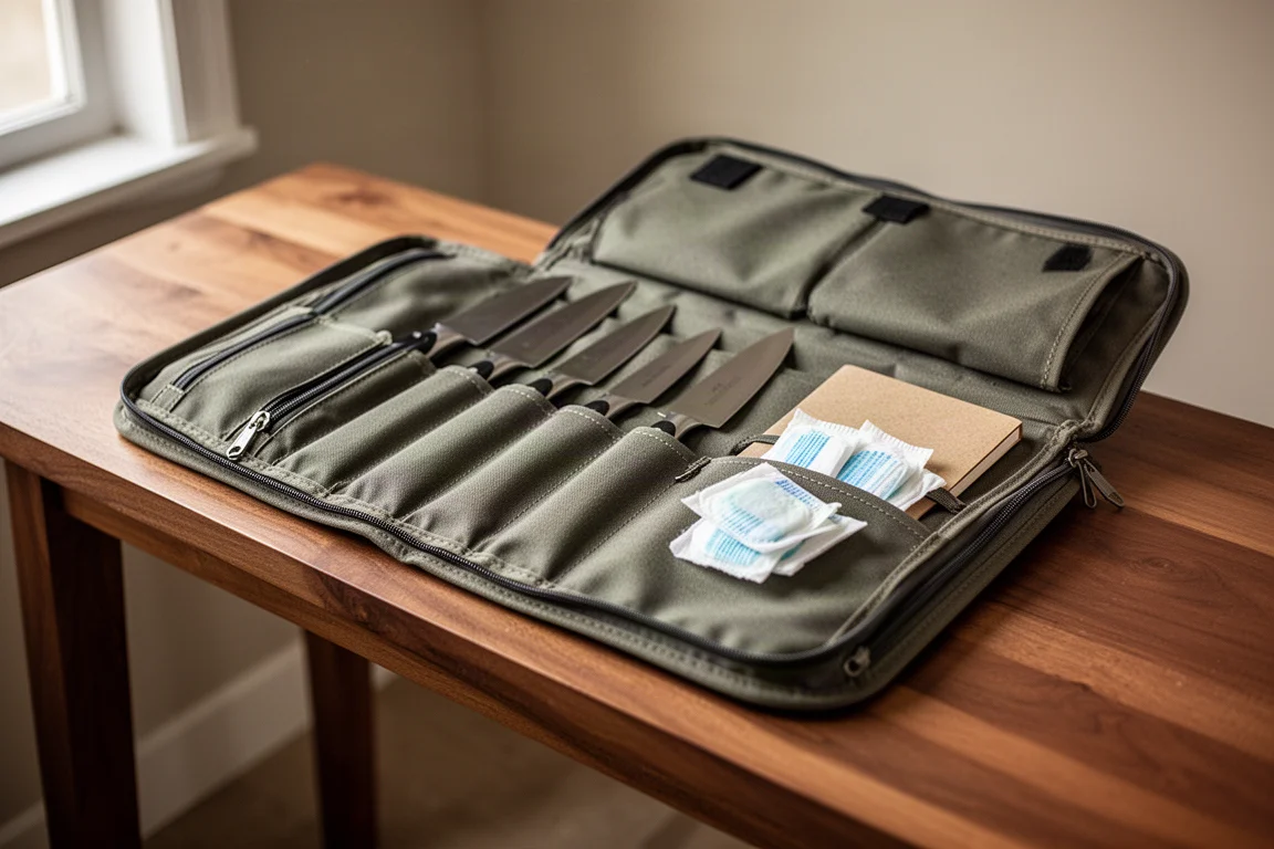 Knife bag open on a wooden bench with knives tucked into slots