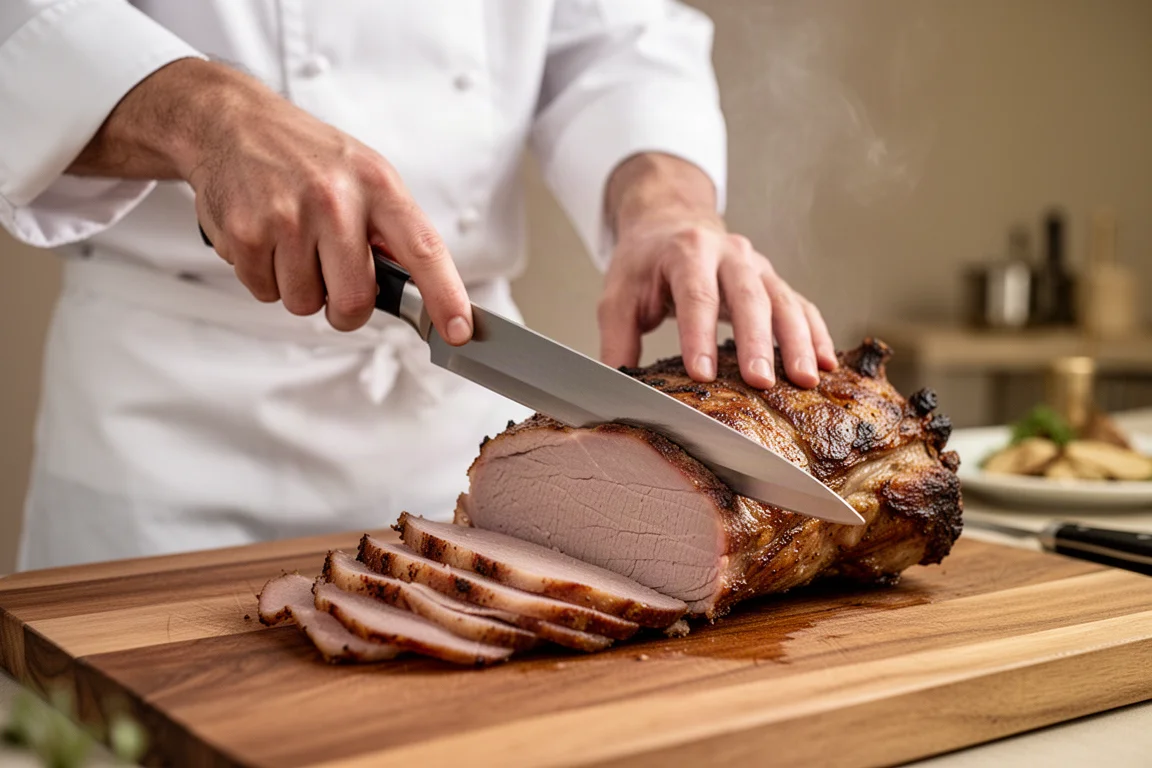 Chef slicing roast on a cutting board with a long slicing knife