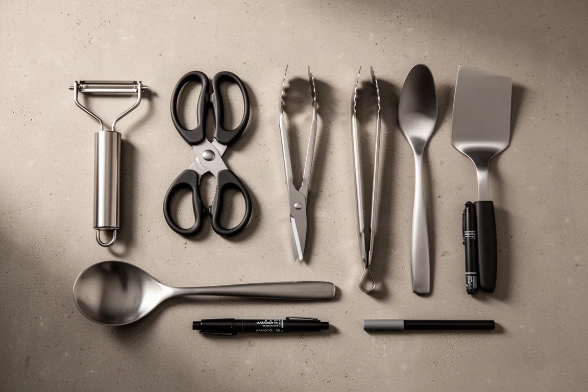 Kitchen accessories laid out flat on a concrete surface