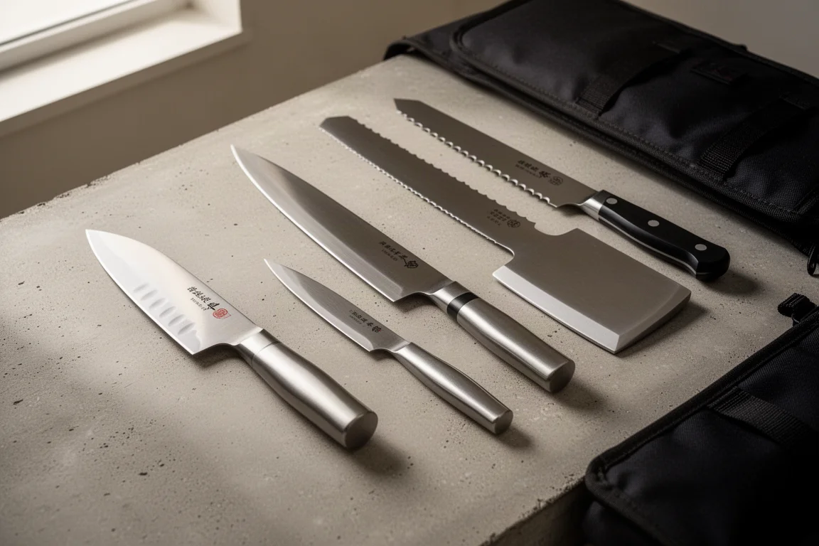 Collection of kitchen knives including santoku, sujihiki, bread knife and cleaver on a concrete surface