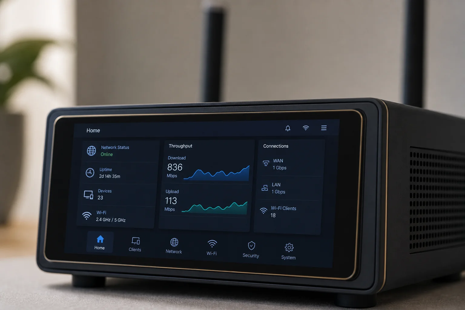 Touchscreen display of a network router showing real-time throughput and connection status