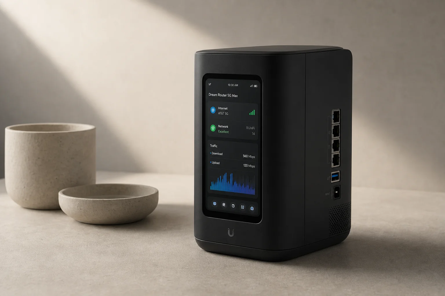 Ubiquiti Dream Router 5G Max on concrete surface showing touchscreen and rear ports