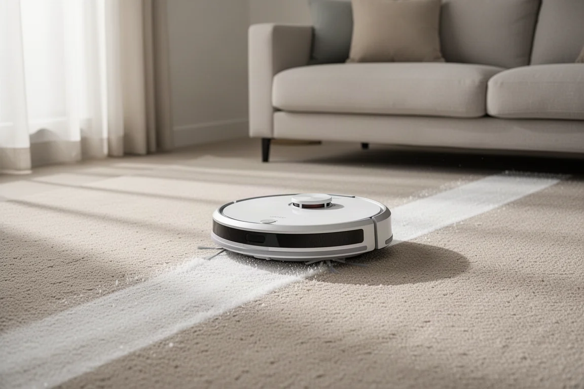 Aspiradora robot limpiando una alfombra de pelo medio en un salón moderno