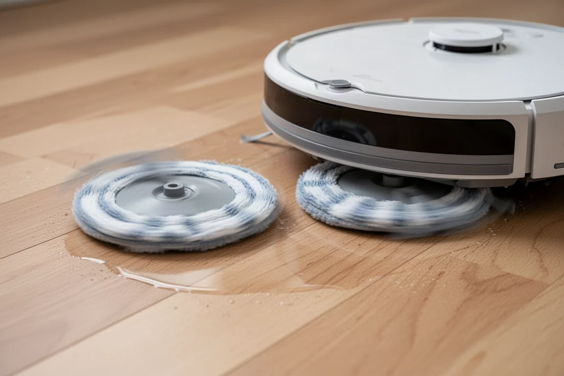 Primer plano de las almohadillas de mopa giratorias dobles de una aspiradora robot sobre un suelo duro